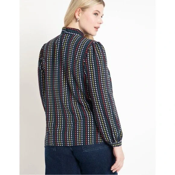 Eloquii Tie Neck Blue Multi Color Polka Dot Retro Career Office Blouse Size 16 - Picture 3 of 12